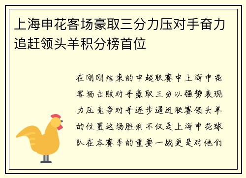 上海申花客场豪取三分力压对手奋力追赶领头羊积分榜首位