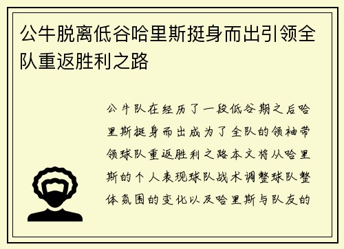 公牛脱离低谷哈里斯挺身而出引领全队重返胜利之路