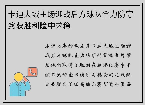 卡迪夫城主场迎战后方球队全力防守终获胜利险中求稳