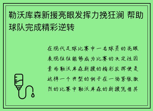 勒沃库森新援亮眼发挥力挽狂澜 帮助球队完成精彩逆转