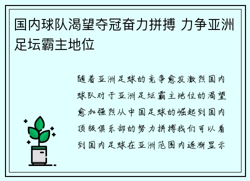 国内球队渴望夺冠奋力拼搏 力争亚洲足坛霸主地位