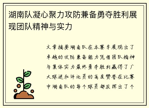 湖南队凝心聚力攻防兼备勇夺胜利展现团队精神与实力