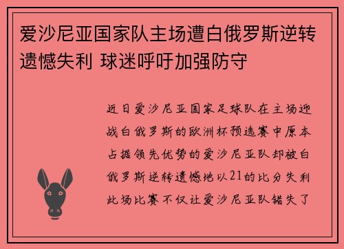 爱沙尼亚国家队主场遭白俄罗斯逆转遗憾失利 球迷呼吁加强防守