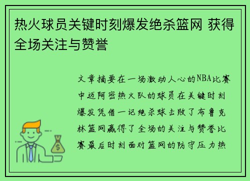 热火球员关键时刻爆发绝杀篮网 获得全场关注与赞誉