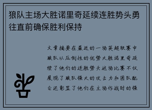 狼队主场大胜诺里奇延续连胜势头勇往直前确保胜利保持
