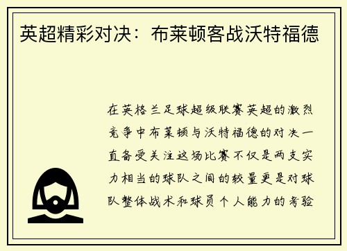 英超精彩对决：布莱顿客战沃特福德
