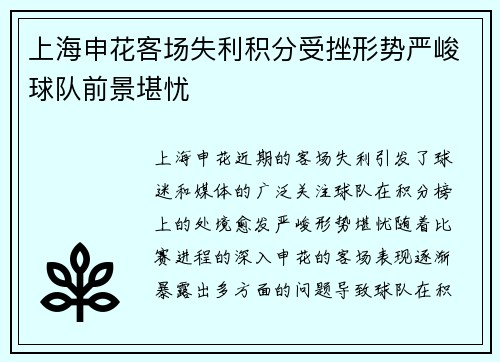 上海申花客场失利积分受挫形势严峻球队前景堪忧