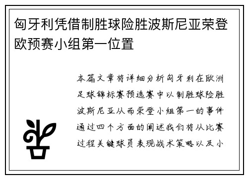 匈牙利凭借制胜球险胜波斯尼亚荣登欧预赛小组第一位置