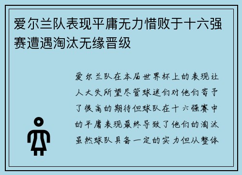 爱尔兰队表现平庸无力惜败于十六强赛遭遇淘汰无缘晋级